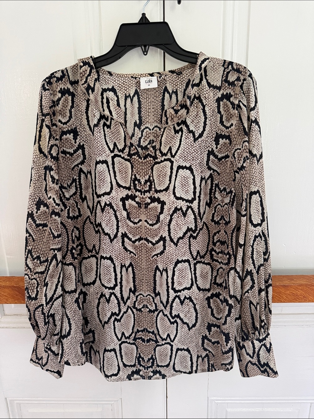 CAbi Black and Beige Snake-Print Long Sleeve Blouse